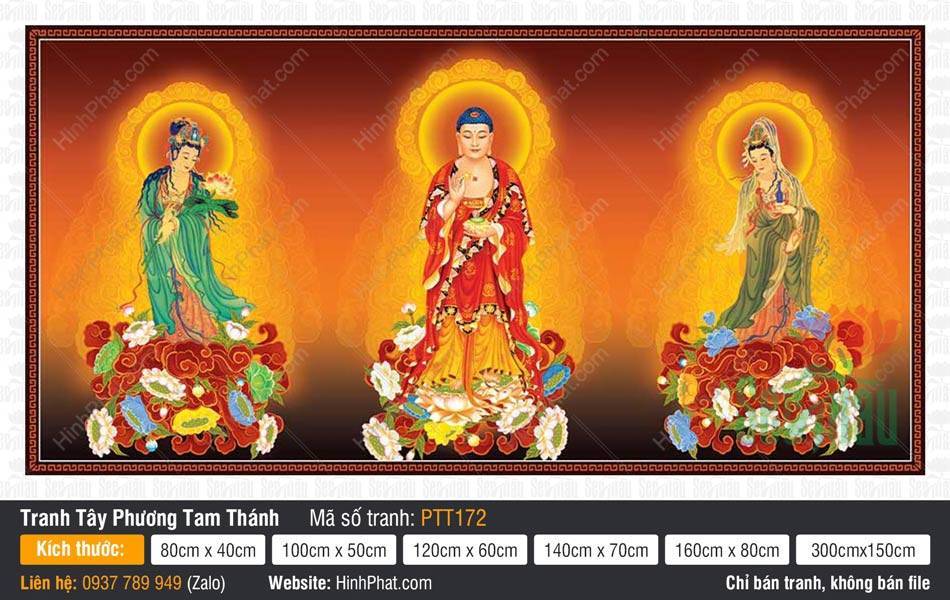 Tây Phương Tam Thánh kích thước lớn PTT172 Tây Phương Tam Thánh kích thước lớn PTT172 mô tả ba vị tôn tượng đứng trên tòa sen báu rực rỡ
