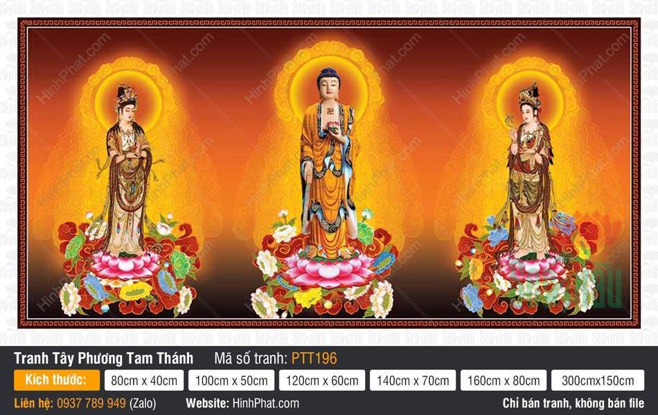 Tây Phương Tam Thánh kích thước lớn PTT196 Tranh Tây Phương Tam Thánh kích thước lớn PTT196 mô tả ba vị Phật đứng uy nghiêm trên tòa sen.
