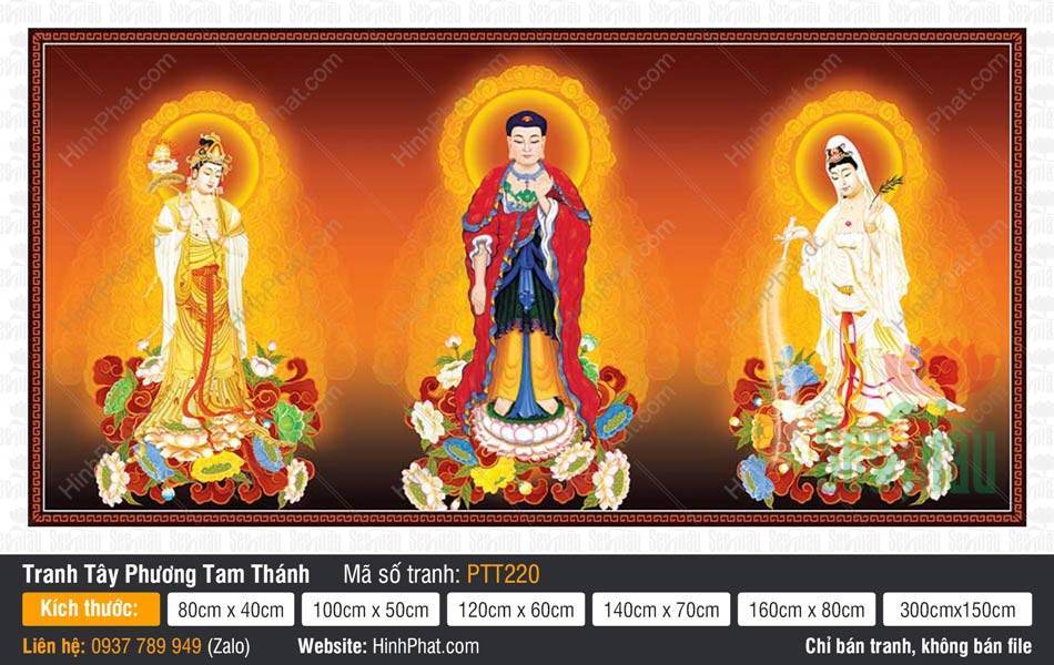 Tây Phương Tam Thánh kích thước lớn PTT220 Tây Phương Tam Thánh kích thước lớn PTT220 mô tả ba vị tôn túc đứng trên đài sen hào quang rạng rỡ