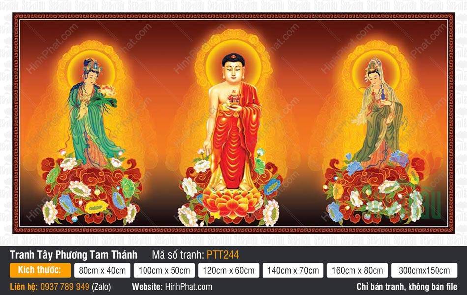 Tây Phương Tam Thánh kích thước lớn PTT244 Tranh Tây Phương Tam Thánh kích thước lớn PTT244 khắc họa Bồ Tát khoác y xanh ngọc.