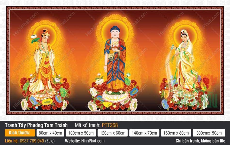 Tây Phương Tam Thánh kích thước lớn PTT268 Tây Phương Tam Thánh kích thước lớn PTT268 họa cảnh ba vị đứng trên đài sen báu rực rỡ