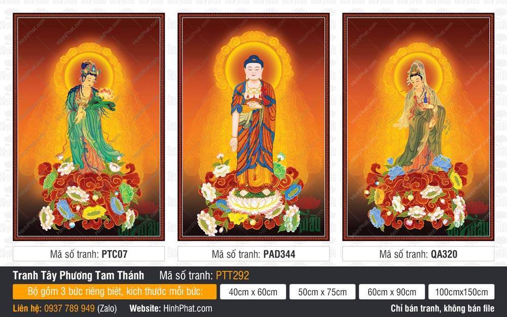Tây Phương Tam Thánh kích thước lớn PTT292 Tây Phương Tam Thánh kích thước lớn PTT292 mô tả ba vị đứng trên tòa sen giữa hào quang rạng ngời