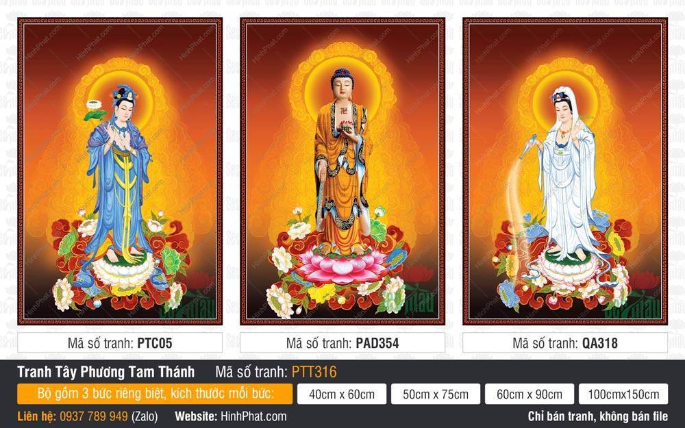 Tây Phương Tam Thánh kích thước lớn PTT316 Tây Phương Tam Thánh kích thước lớn PTT316 mô tả ba đức Phật đứng trên tòa sen bách diệp