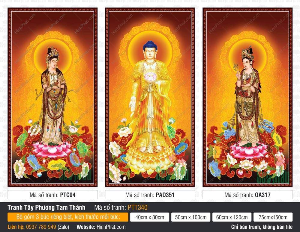 Tây Phương Tam Thánh kích thước lớn PTT340 Tây Phương Tam Thánh kích thước lớn PTT340 ba vị thánh giải thoát đứng uy nghiêm trên đài sen báu