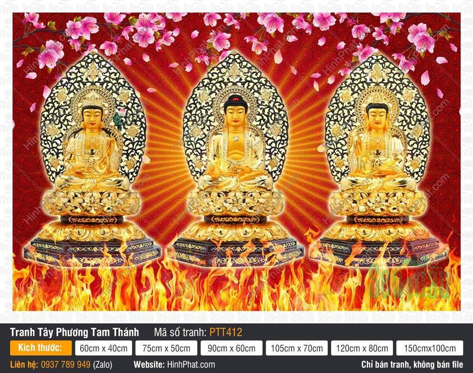 Tây Phương Tam Thánh kích thước lớn PTT412 Tây Phương Tam Thánh kích thước lớn PTT412 sắc vàng kim ngự trên đài sen rực lửa