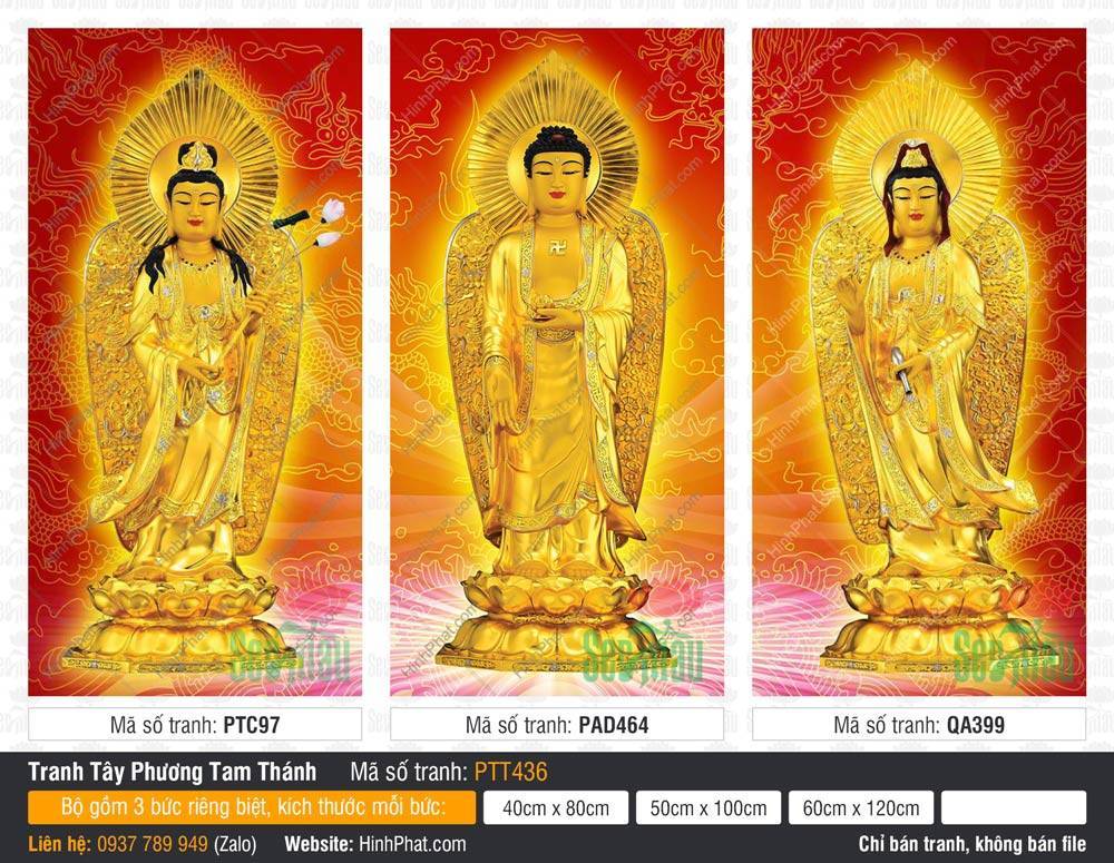 Tây Phương Tam Thánh kích thước lớn PTT436 Tây Phương Tam Thánh kích thước lớn PTT436 tôn tượng vàng kim nền đỏ rực rỡ