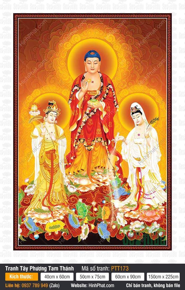 Tây Phương Tam Thánh size lớn PTT173 Tôn tượng ba vị Phật Bồ Tát đứng trên đài sen hồng trong Tây Phương Tam Thánh size lớn PTT173