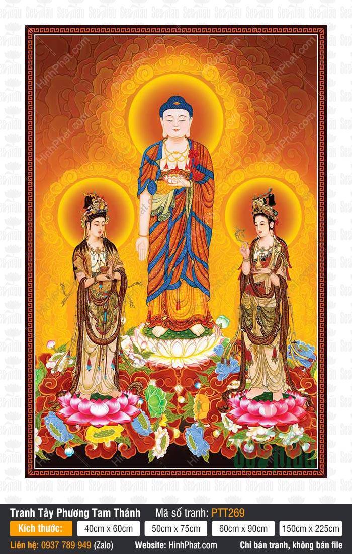Tây Phương Tam Thánh size lớn PTT269 Tây Phương Tam Thánh size lớn PTT269 họa Ba Ngài đứng trên đài sen giữa hào quang vàng