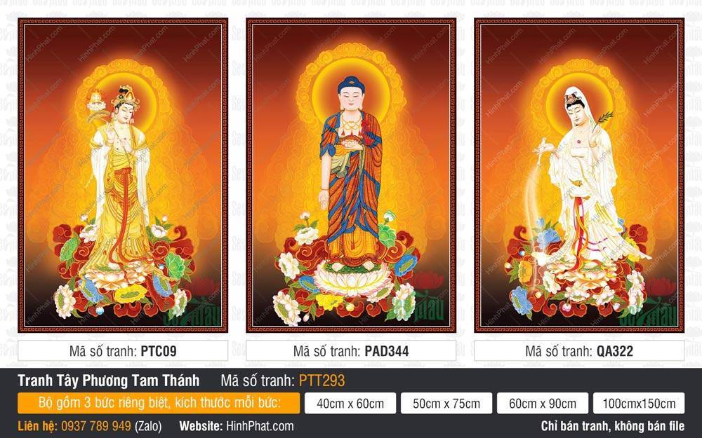 Tây Phương Tam Thánh size lớn PTT293 Tây Phương Tam Thánh size lớn PTT293 bộ ba bức Phật đứng trên đài sen tỏa hào quang vàng
