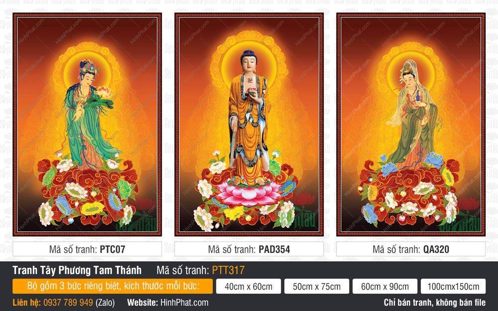 Tây Phương Tam Thánh size lớn PTT317 Tây Phương Tam Thánh size lớn PTT317 khắc họa Phật y vàng cùng hai Bồ Tát đứng trên đài sen rực rỡ