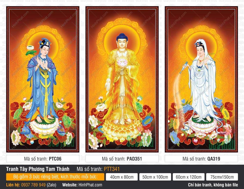 Tây Phương Tam Thánh size lớn PTT341 Tây Phương Tam Thánh size lớn PTT341, Ba Ngài đứng trên đài sen trắng hào quang rực rỡ