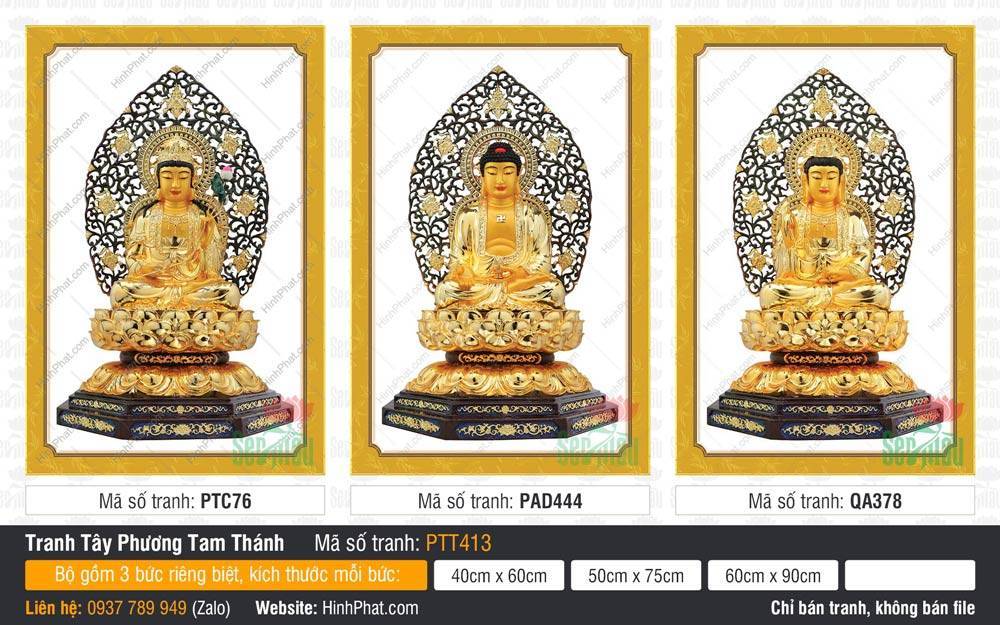 Tây Phương Tam Thánh size lớn PTT413 Tây Phương Tam Thánh size lớn PTT413 ba vị Phật tọa sen vàng hào quang hoa văn đen