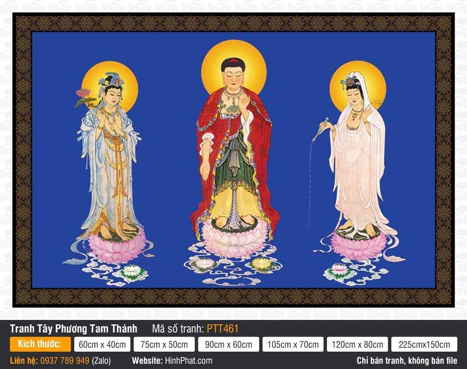 Tây Phương Tam Thánh size lớn PTT461 Tây Phương Tam Thánh size lớn PTT461 ba Ngài đứng trên đài sen nền xanh thanh tịnh