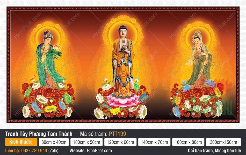 Tranh Tây Phương Tam Thánh A Di Đà Phật PTT199 Tranh Tây Phương Tam Thánh A Di Đà Phật PTT199 ba vị đứng tòa sen hào quang vàng rực rỡ.
