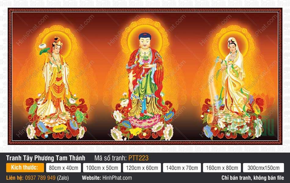 Tranh Tây Phương Tam Thánh A Di Đà Phật PTT223 Tranh Tây Phương Tam Thánh A Di Đà Phật PTT223 họa cảnh Ba Ngài đứng trên đài sen rực rỡ