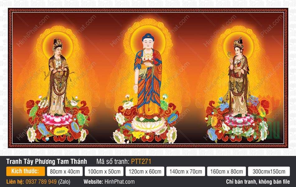 Tranh Tây Phương Tam Thánh A Di Đà Phật PTT271 Tranh Tây Phương Tam Thánh A Di Đà Phật PTT271 họa cảnh ba vị đứng trên đài sen