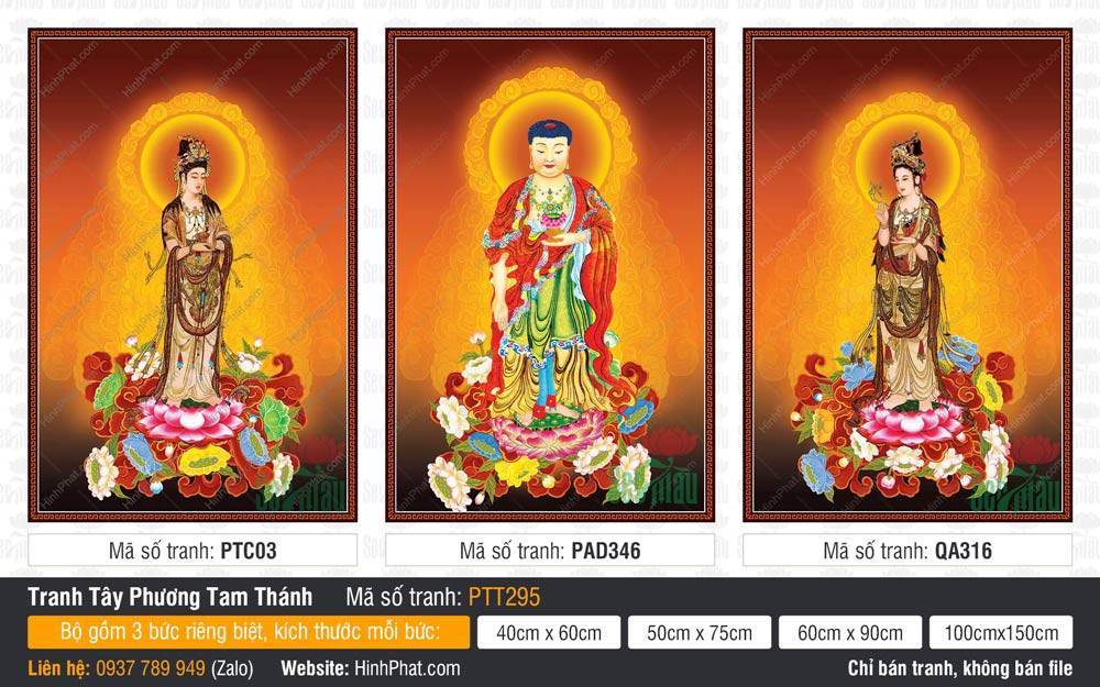 Tranh Tây Phương Tam Thánh A Di Đà Phật PTT295 Tranh Tây Phương Tam Thánh A Di Đà Phật PTT295 mô tả ba vị đứng uy nghiêm trên tòa sen hồng
