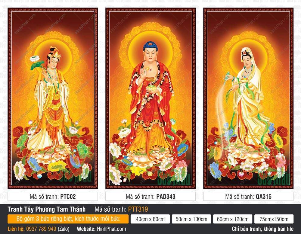 Tranh Tây Phương Tam Thánh A Di Đà Phật PTT319 Tranh Tây Phương Tam Thánh A Di Đà Phật PTT319 đức Phật y đỏ đứng trên tòa sen rực rỡ hào quang