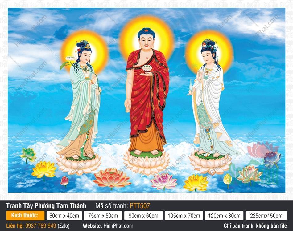 Tranh Tây Phương Tam Thánh A Di Đà Phật PTT507 Tranh Tây Phương Tam Thánh PTT507 ba vị Phật đứng trên đài sen giữa trời xanh mây trắng