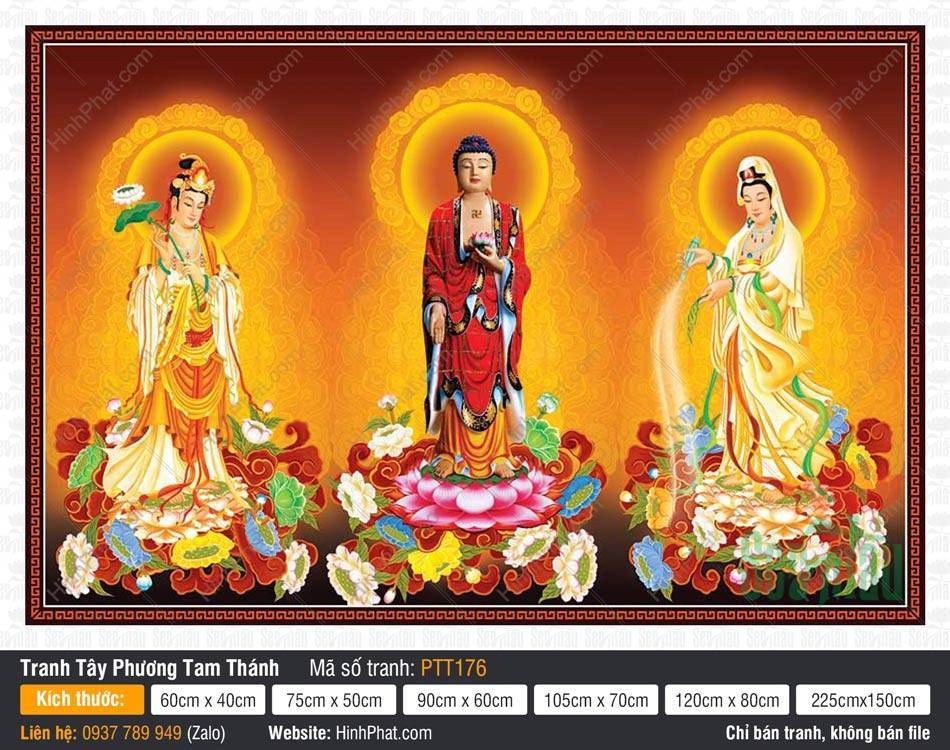 Tranh Tây Phương Tam Thánh Chất Lượng Cao PTT176 Ba vị tôn túc đứng trên đài sen trong Tranh Tây Phương Tam Thánh Chất Lượng Cao PTT176