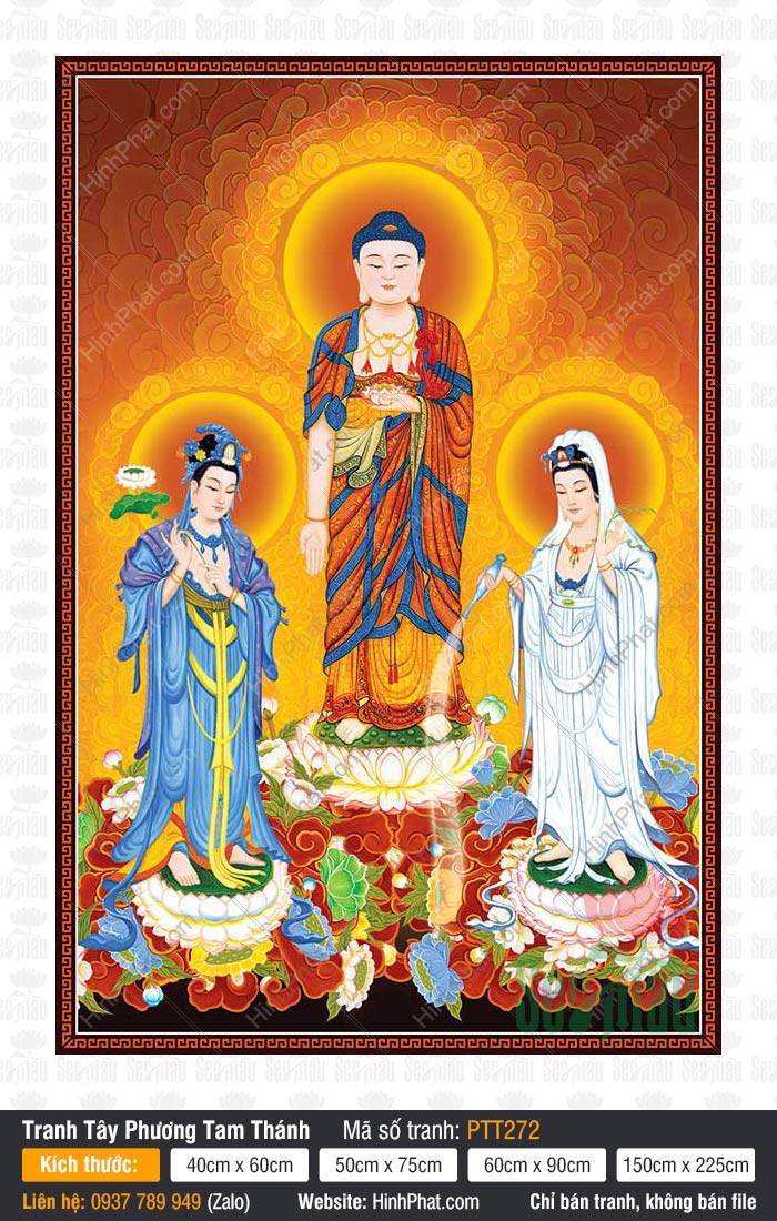 Tranh Tây Phương Tam Thánh Chất Lượng Cao PTT272 Tranh Tây Phương Tam Thánh Chất Lượng Cao PTT272 tả Ba Ngài ngự trên sen báu