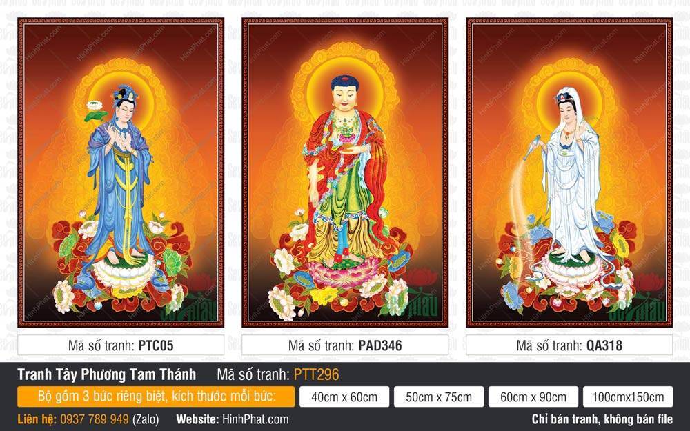 Tranh Tây Phương Tam Thánh Chất Lượng Cao PTT296 Tranh Tây Phương Tam Thánh Chất Lượng Cao PTT296 khắc họa ba vị Phật đứng trên đài sen bừng sáng