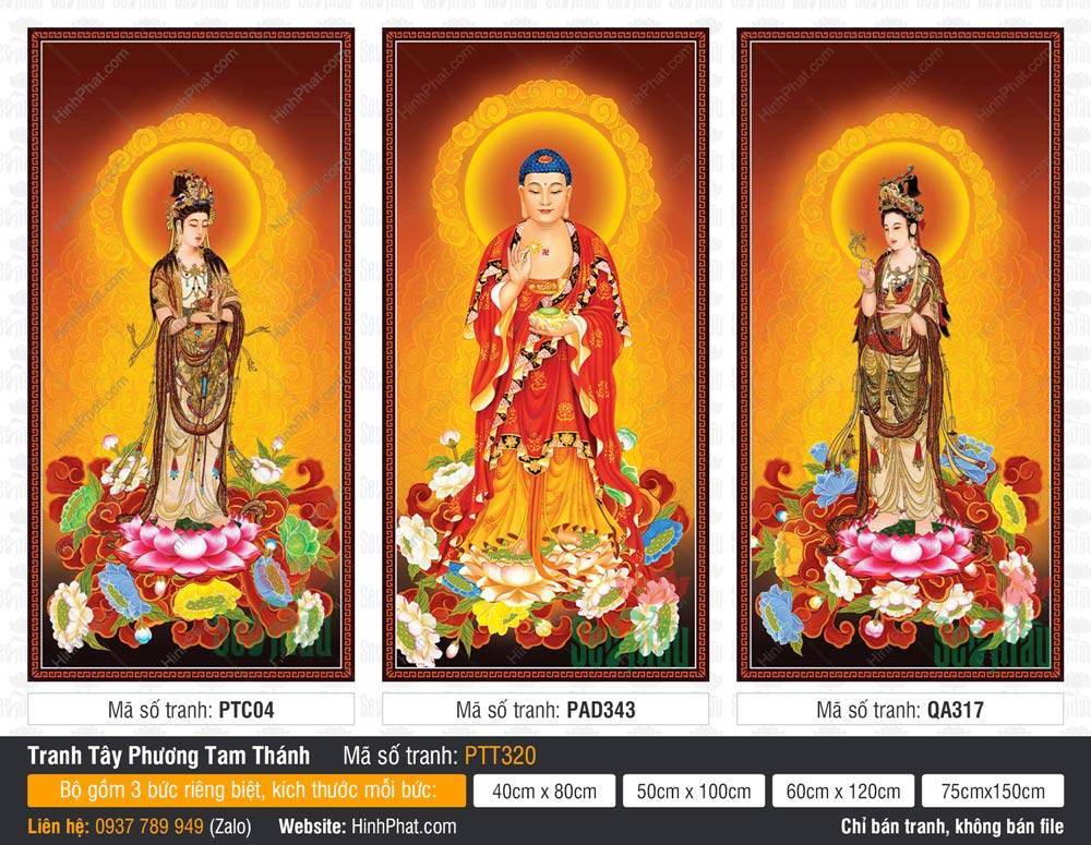 Tranh Tây Phương Tam Thánh Chất Lượng Cao PTT320 Tranh Tây Phương Tam Thánh Chất Lượng Cao PTT320 ba vị ngự tòa sen vàng rực rỡ