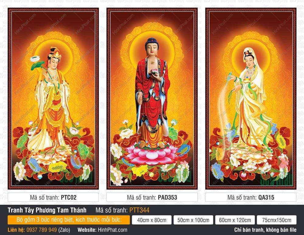 Tranh Tây Phương Tam Thánh Chất Lượng Cao PTT344 Tranh Tây Phương Tam Thánh Chất Lượng Cao PTT344, Đức Phật khoác y đỏ uy nghi