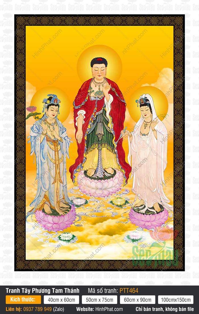 Tranh Tây Phương Tam Thánh Chất Lượng Cao PTT464 Tranh Tây Phương Tam Thánh Chất Lượng Cao PTT464 ba Ngài đứng trên đài sen giữa mây vàng