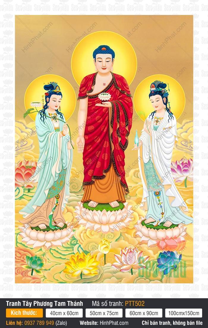 Tranh Tây Phương Tam Thánh Đẹp Nhất PTT502 Tranh Tây Phương Tam Thánh Đẹp Nhất PTT502 Ba Ngài đứng trên đài sen giữa ao sen mây vàng rực rỡ