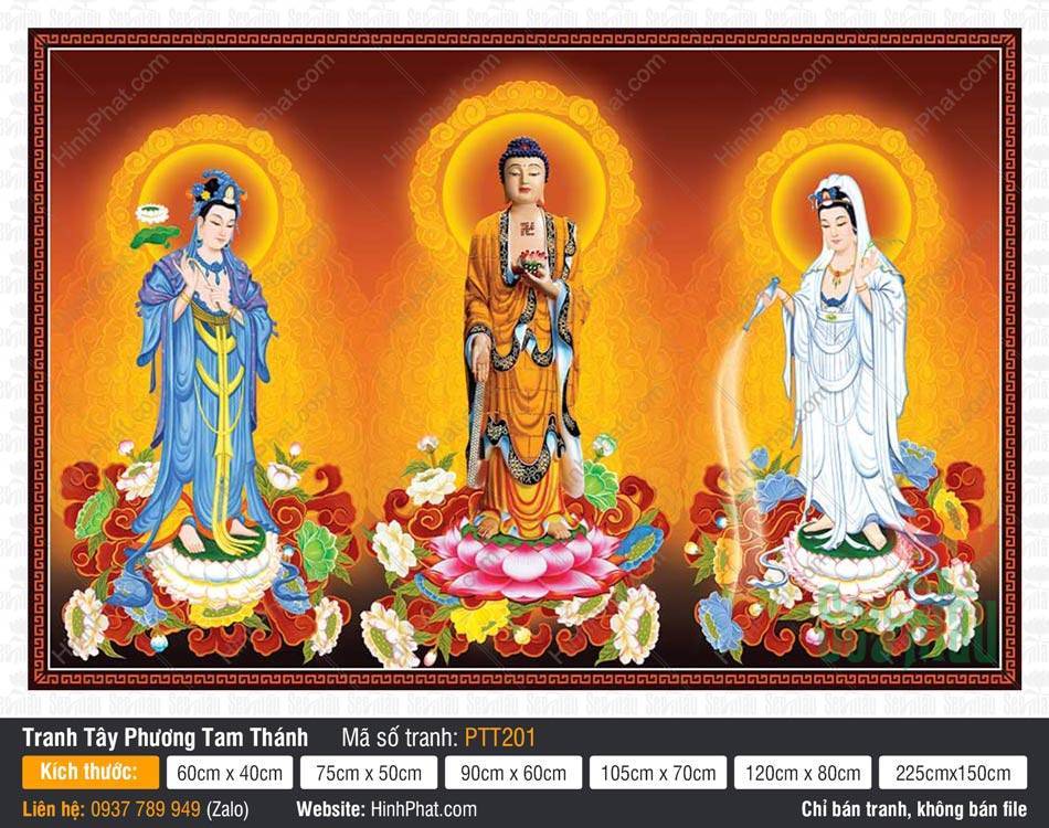 Tranh Tây Phương Tam Thánh Đẹp PTT201 Tranh Tây Phương Tam Thánh Đẹp PTT201 mô tả ba vị Phật đứng trang nghiêm trên tòa sen hồng