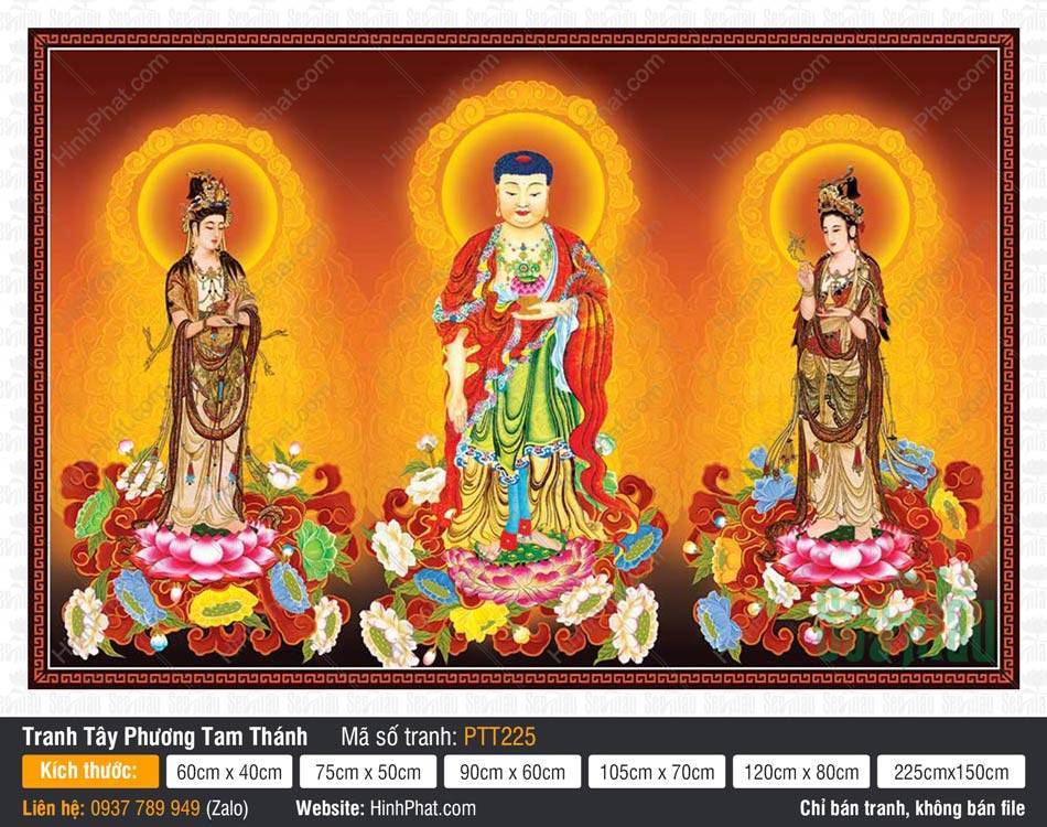 Tranh Tây Phương Tam Thánh Đẹp PTT225 Hình ảnh Tranh Tây Phương Tam Thánh Đẹp PTT225 ba vị Phật y nâu đỏ
