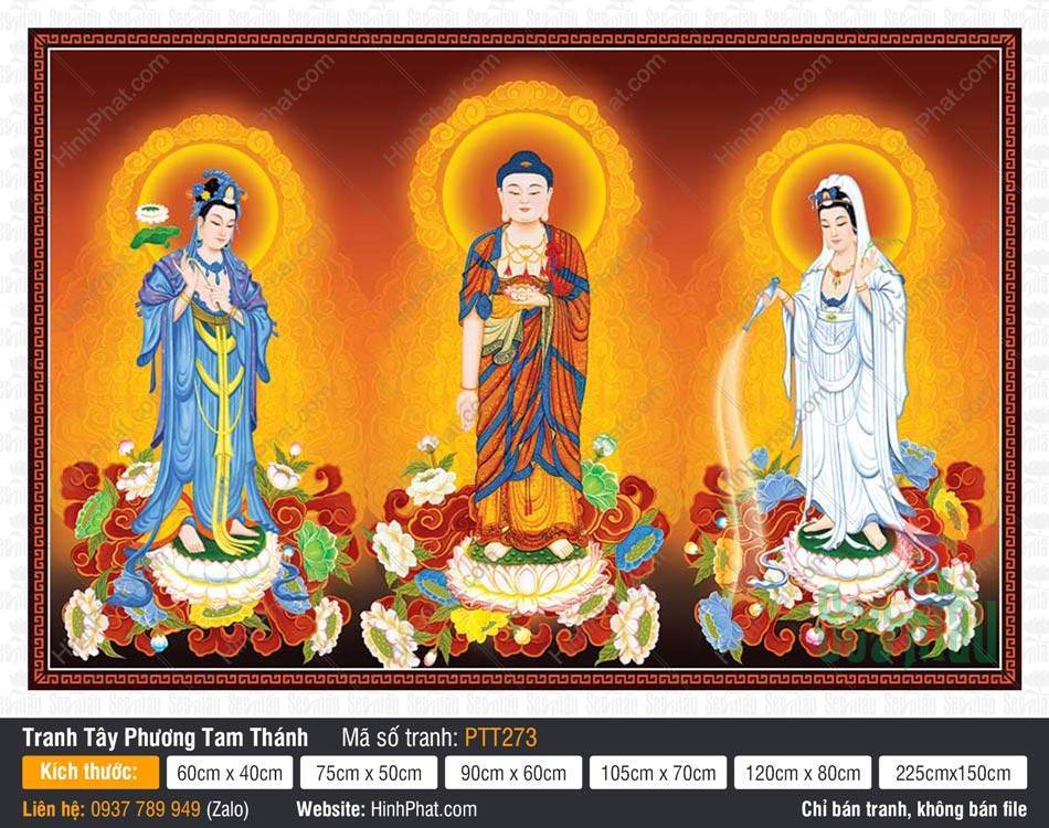 Tranh Tây Phương Tam Thánh Đẹp PTT273 Tranh Tây Phương Tam Thánh Đẹp PTT273 ba vị đứng trên đài sen y phục xanh trắng đỏ rực rỡ