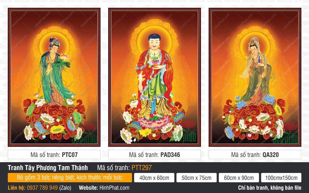 Tranh Tây Phương Tam Thánh Đẹp PTT297 Tranh Tây Phương Tam Thánh Đẹp PTT297 ba vị ngự đài sen giữa nền mây đỏ cuộn sóng