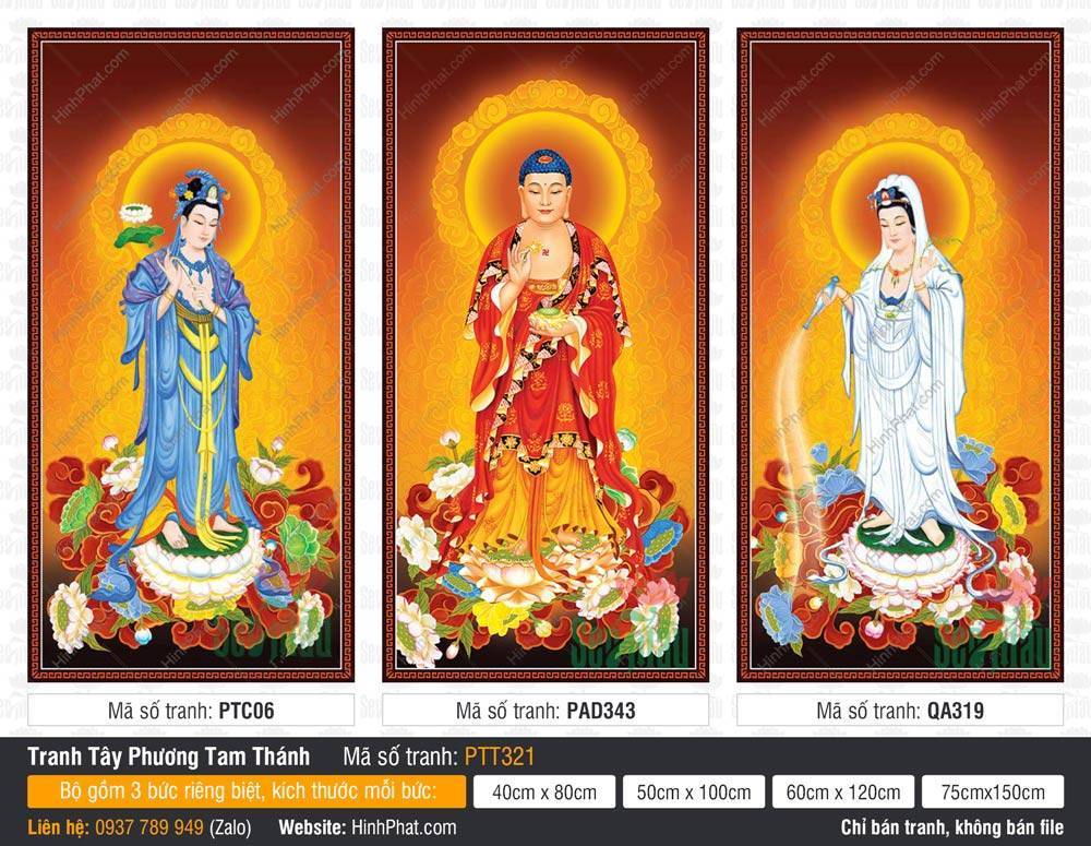 Tranh Tây Phương Tam Thánh Đẹp PTT321 Tranh Tây Phương Tam Thánh Đẹp PTT321 ba vị đứng trên đài sen ngọc