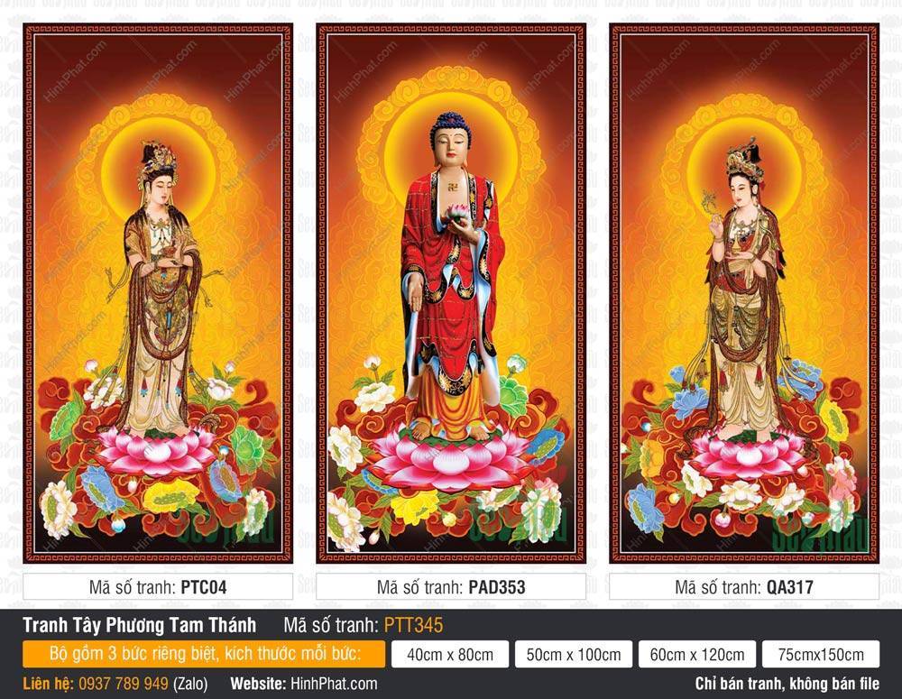 Tranh Tây Phương Tam Thánh Đẹp PTT345 Tranh Tây Phương Tam Thánh Đẹp PTT345 ba vị Phật đứng đài sen hồng rực rỡ