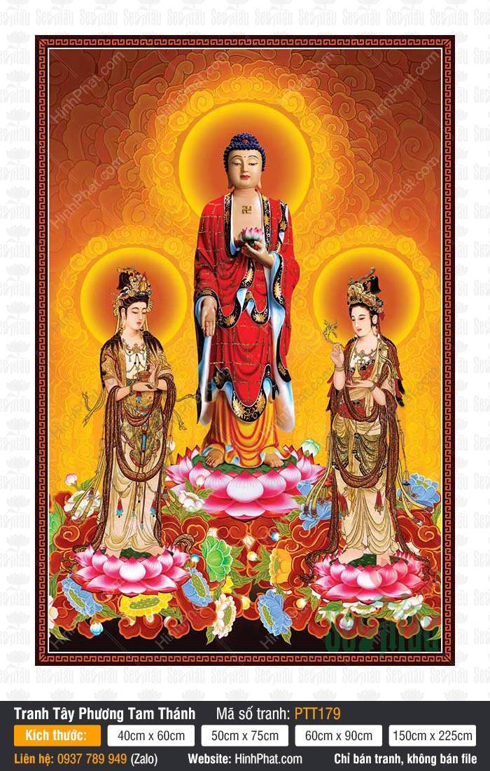 Tranh Tây Phương Tam Thánh Khổ Lớn PTT179 Tôn tượng đứng trên đài sen hồng trong Tranh Tây Phương Tam Thánh Khổ Lớn PTT179 rực rỡ sắc vàng