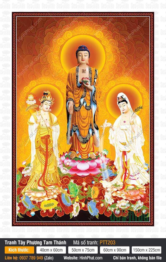 Tranh Tây Phương Tam Thánh Khổ Lớn PTT203 Tranh Tây Phương Tam Thánh Khổ Lớn PTT203 Ba Ngài đứng trên đài sen hồng rực rỡ