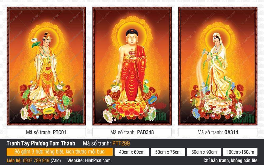 Tranh Tây Phương Tam Thánh Khổ Lớn PTT299 Tranh Tây Phương Tam Thánh Khổ Lớn PTT299 bộ ba bức đứng trên đài sen tỏa hào quang