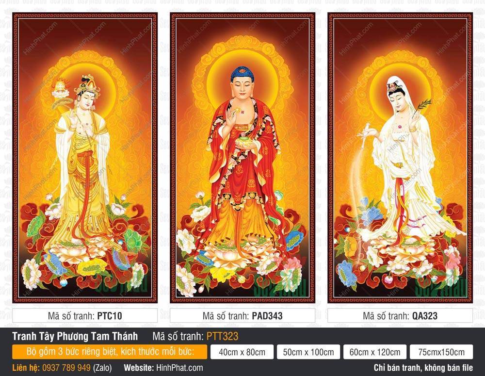 Tranh Tây Phương Tam Thánh Khổ Lớn PTT323 Tranh Tây Phương Tam Thánh Khổ Lớn PTT323 tôn tượng ba vị đứng trên đài sen tỏa hào quang