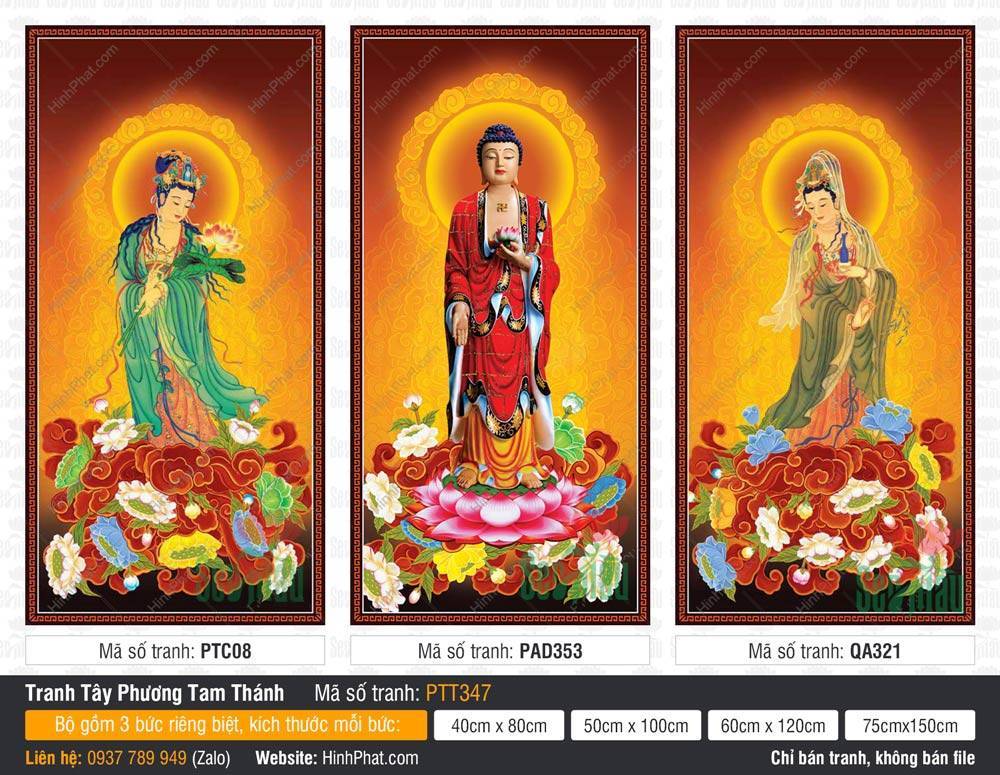 Tranh Tây Phương Tam Thánh Khổ Lớn PTT347 Tranh Tây Phương Tam Thánh Khổ Lớn PTT347, Ba Ngài đứng trên đài sen hồng rực rỡ