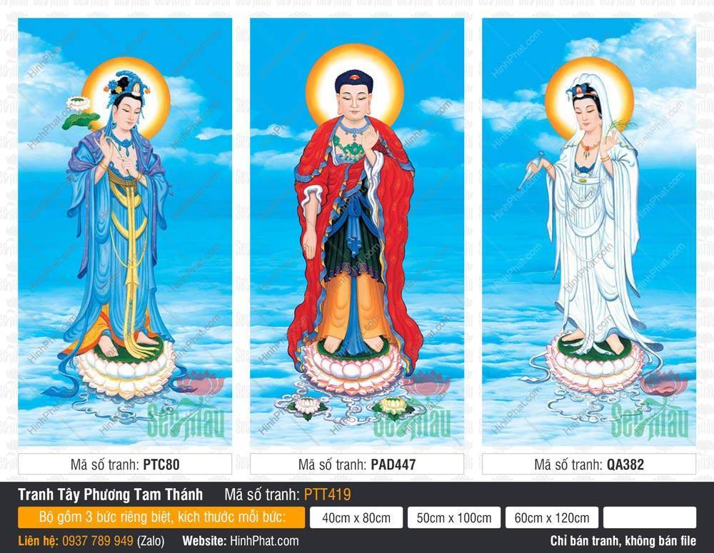 Tranh Tây Phương Tam Thánh Khổ Lớn PTT419 Tranh Tây Phương Tam Thánh Khổ Lớn PTT419 mô tả ba đức Phật đứng trên đài sen trắng hồng giữa mây trời