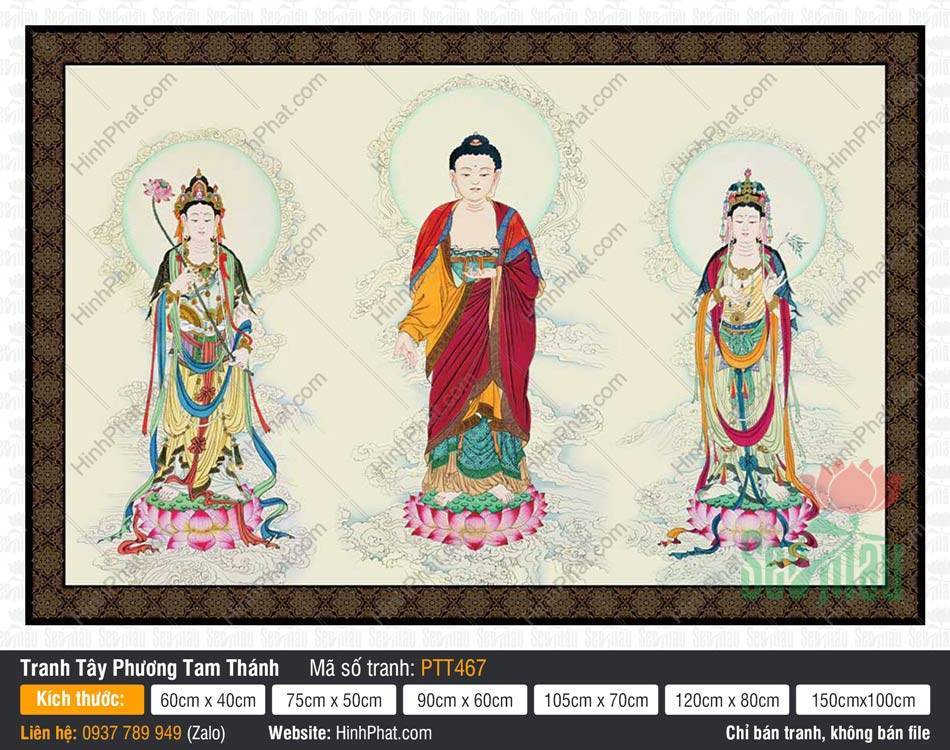 Tranh Tây Phương Tam Thánh Khổ Lớn PTT467 Tranh Tây Phương Tam Thánh Khổ Lớn PTT467 ba Ngài đứng trên đài sen nền sáng thanh tịnh