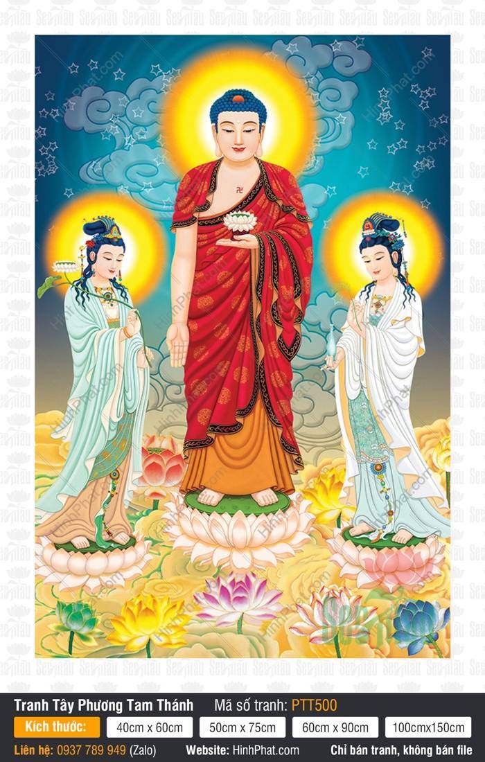 Tranh Tây Phương Tam Thánh Khổ Lớn PTT500 Tranh Tây Phương Tam Thánh Khổ Lớn PTT500 Ba Đức Ngài đứng trên đài sen trắng mây vàng rực rỡ