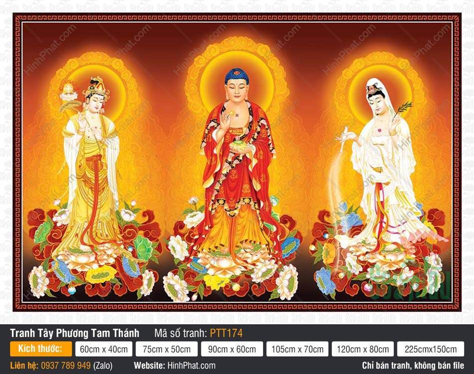 Tranh Tây Phương Tam Thánh PTT174 Tranh Tây Phương Tam Thánh PTT174 ba vị đứng trên tòa sen rực rỡ giữa hào quang vàng cam