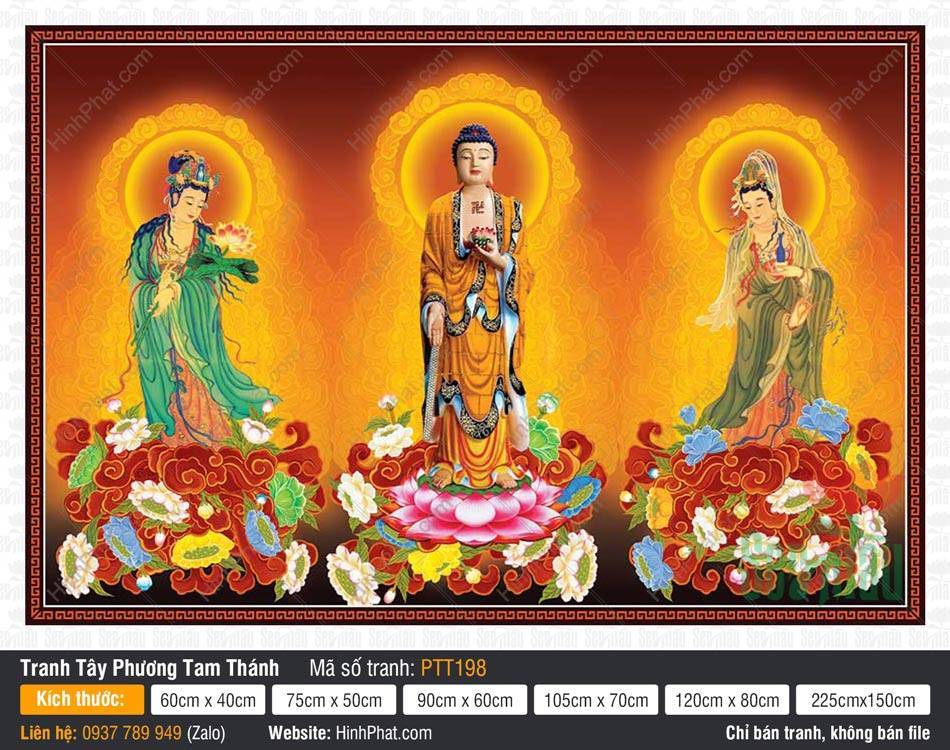 Tranh Tây Phương Tam Thánh PTT198 Tranh Tây Phương Tam Thánh PTT198 họa cảnh ba vị Phật đứng trên đài sen hồng hào quang rực rỡ