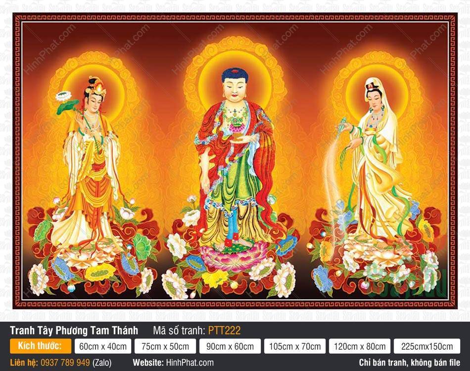 Tranh Tây Phương Tam Thánh PTT222 Hình ảnh Tranh Tây Phương Tam Thánh PTT222 mô tả ba vị Phật đứng trên đài sen