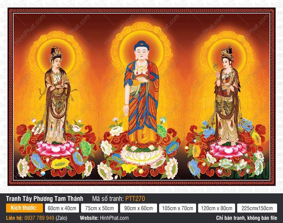 Tranh Tây Phương Tam Thánh PTT270 Tranh Tây Phương Tam Thánh PTT270 ba vị đứng trên đài sen rực rỡ sắc màu