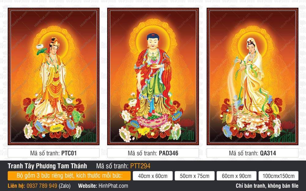 Tranh Tây Phương Tam Thánh PTT294 Tranh Tây Phương Tam Thánh PTT294 ngự đài sen với y phục đỏ cam trắng rực rỡ