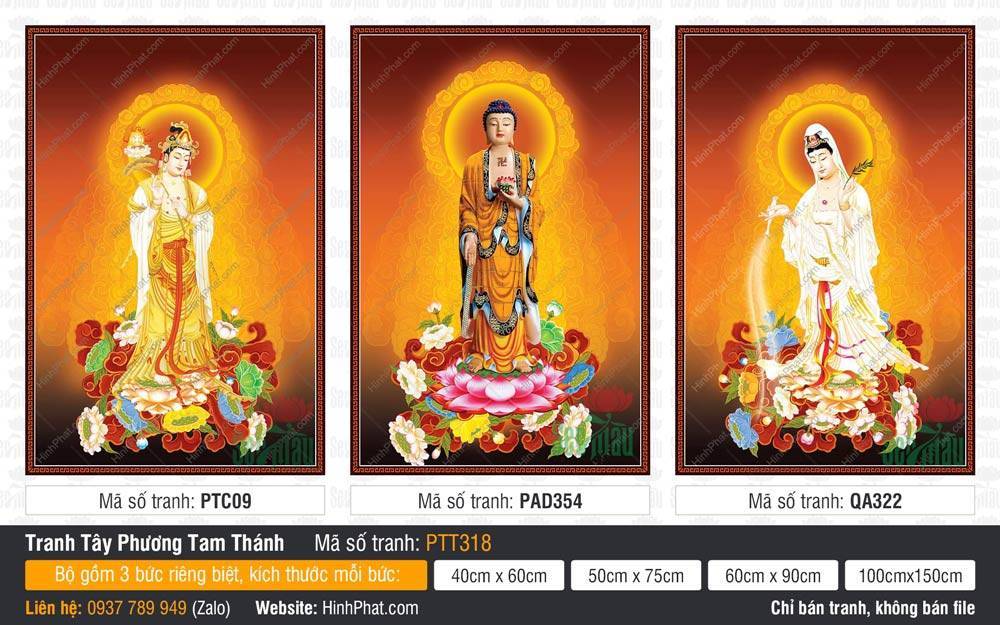 Tranh Tây Phương Tam Thánh PTT318 Tranh Tây Phương Tam Thánh PTT318 mô tả ba vị tôn túc đứng trên đài sen tỏa hào quang